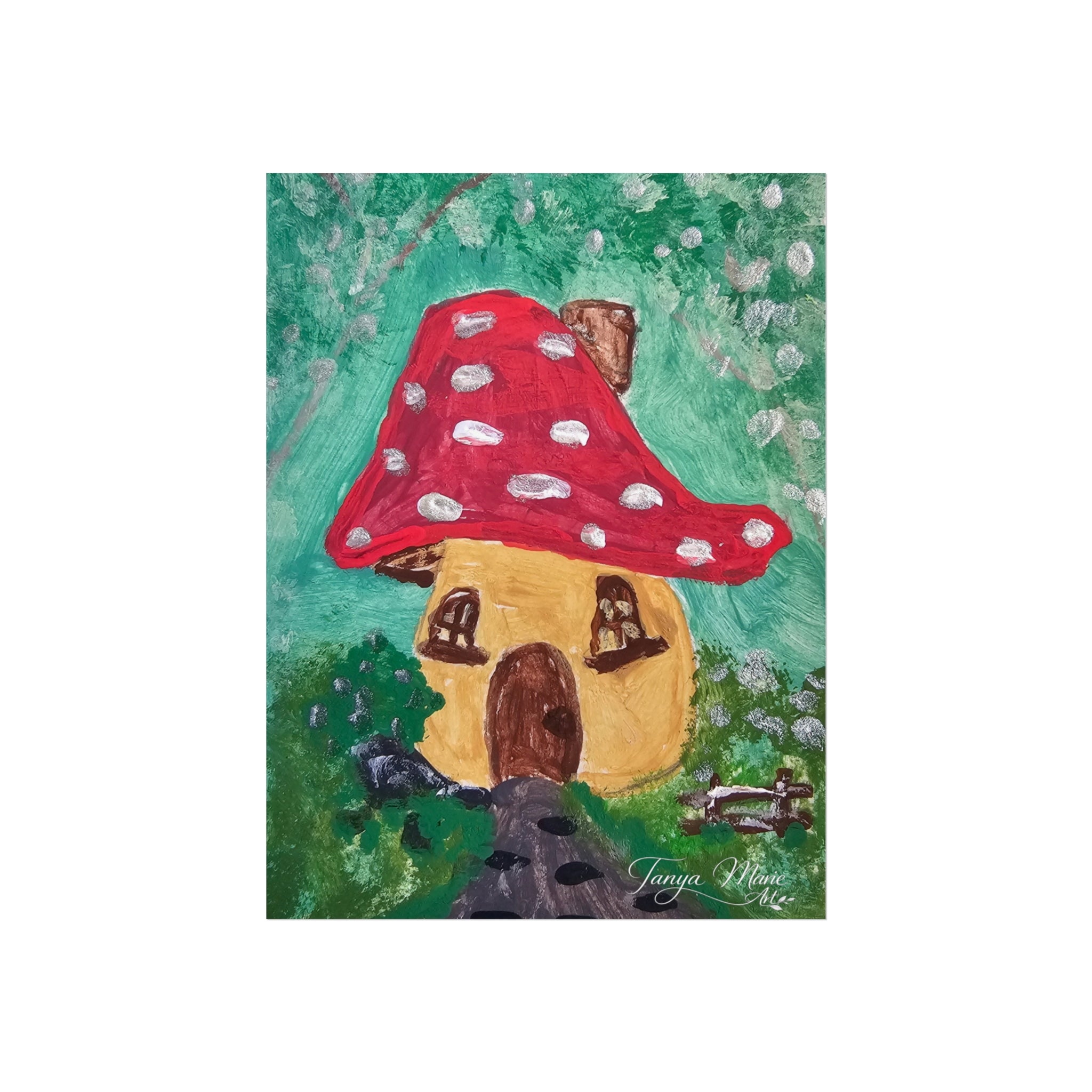 Whimsical fairy house art poster, red mushroom cap cottage with small doorway and greenery