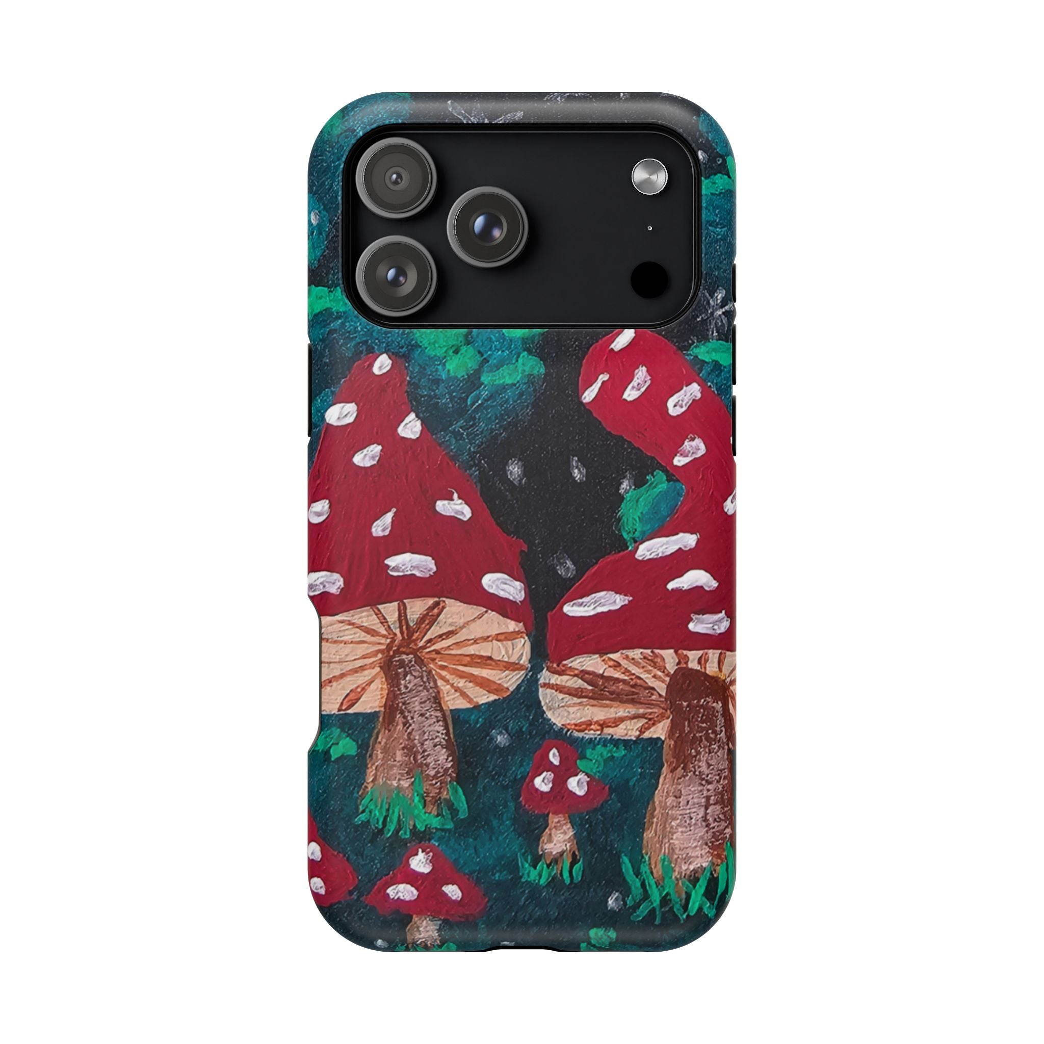 Phone case with red toadstool forest design, quad camera cutout with small flash