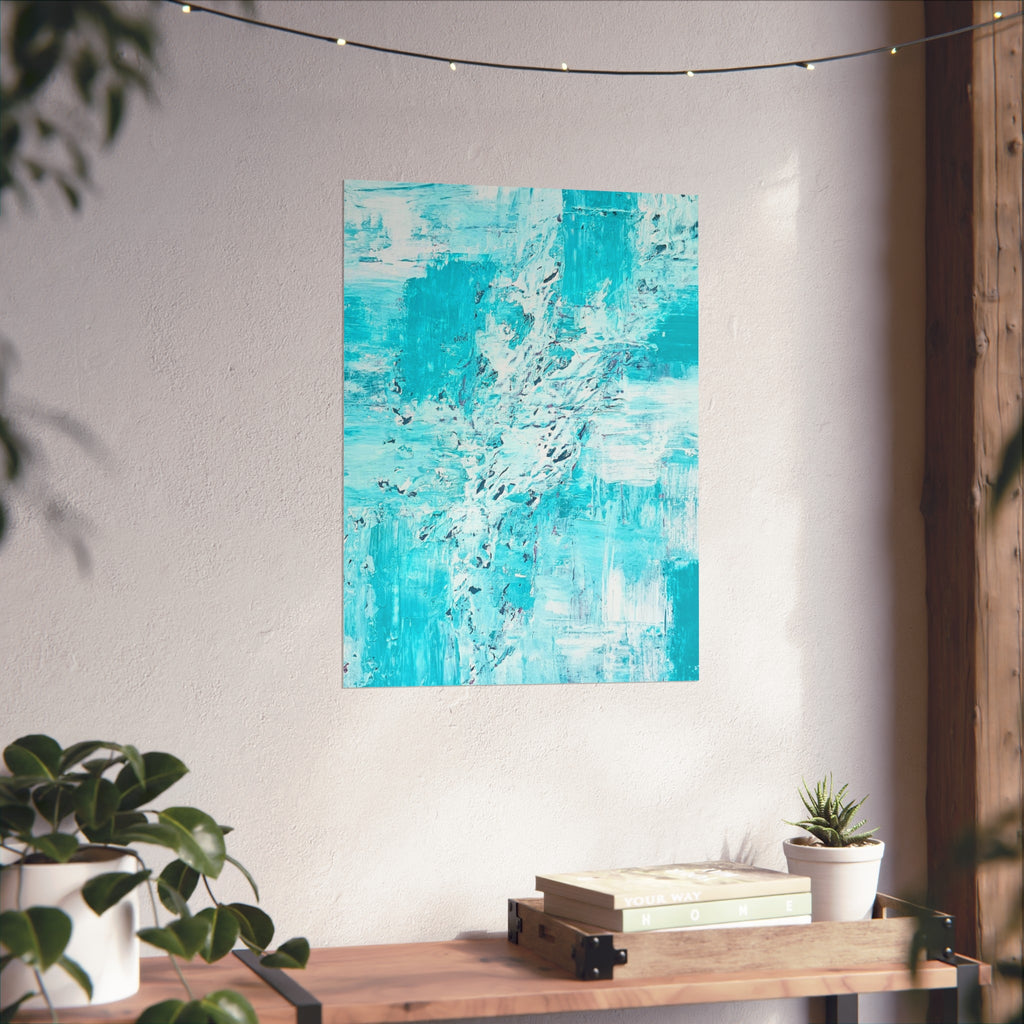 Turquoise abstract ocean art poster with textured teal and light-blue sections, square.