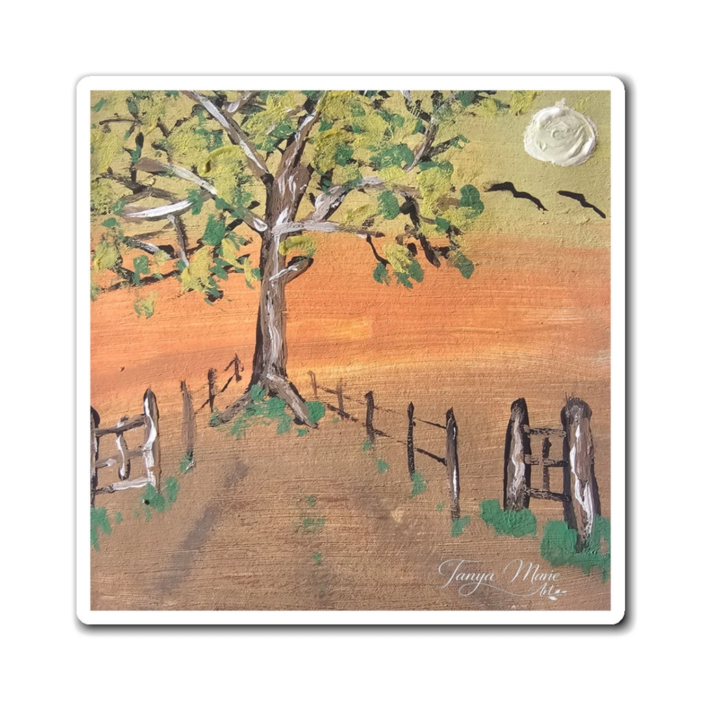 Sunset Country Tree Magnet — Rustic Farmhouse Fridge Art