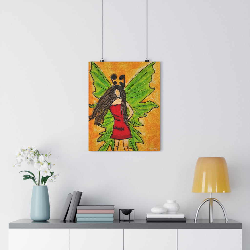 Small wall-hung fairy art print with green wings and red dress