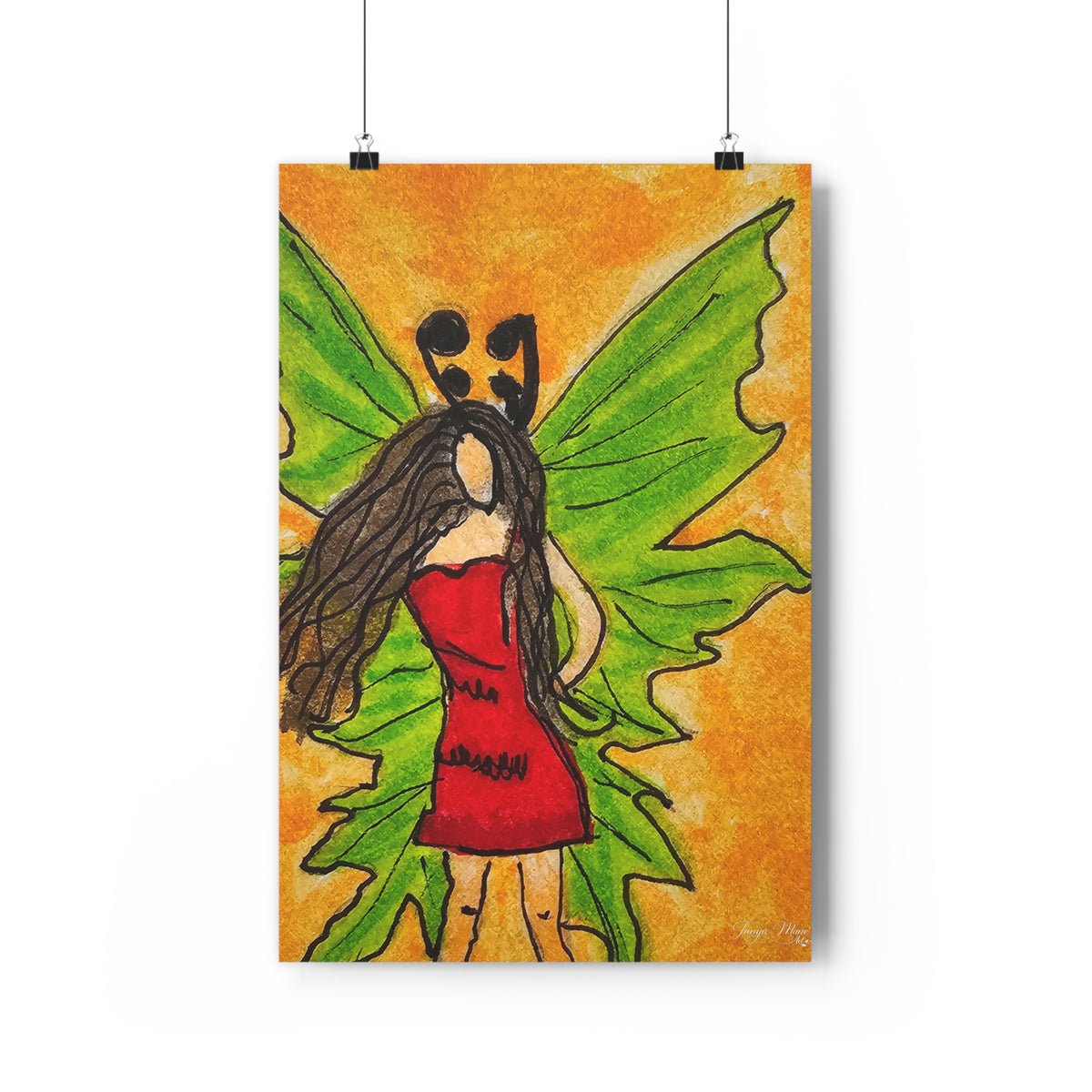 Fairy art print with green wings and red dress, long dark hair, orange wash