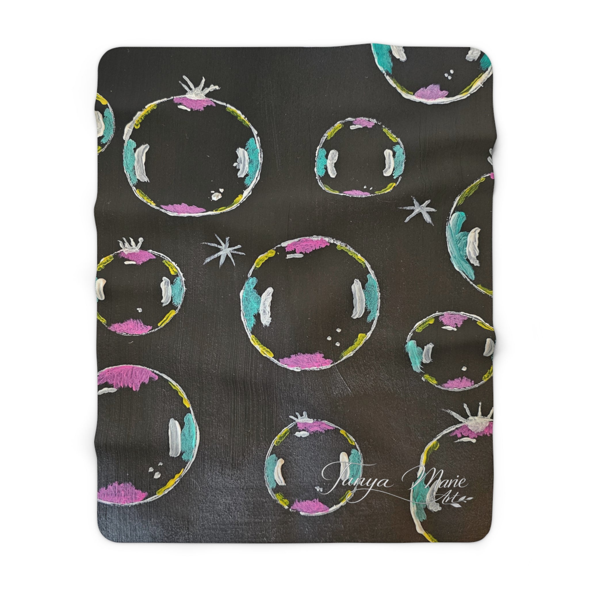 Sherpa fleece blanket, dark gray with colorful bubble circles and small white star accents