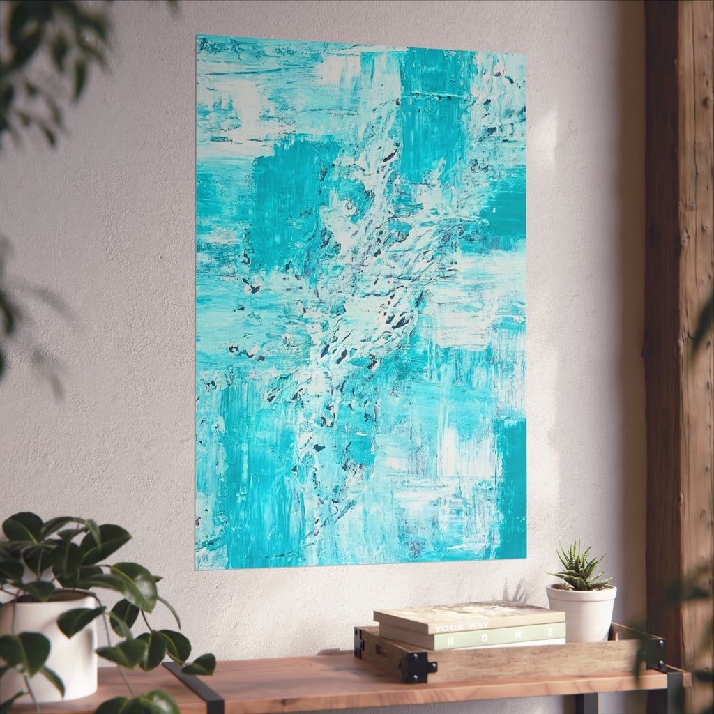 Large turquoise abstract ocean art poster with layered textured strokes, square.