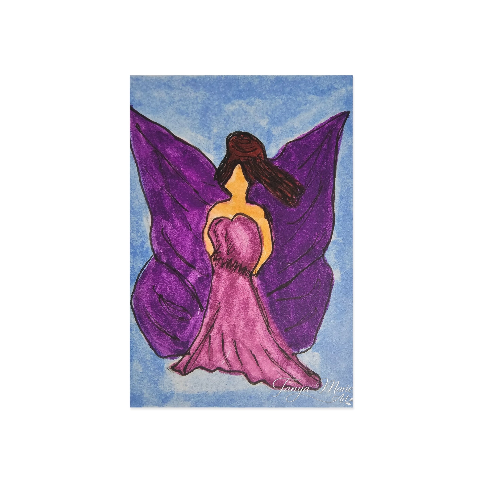 Purple winged fairy postcard with pink dress and heart accent, centered on blue