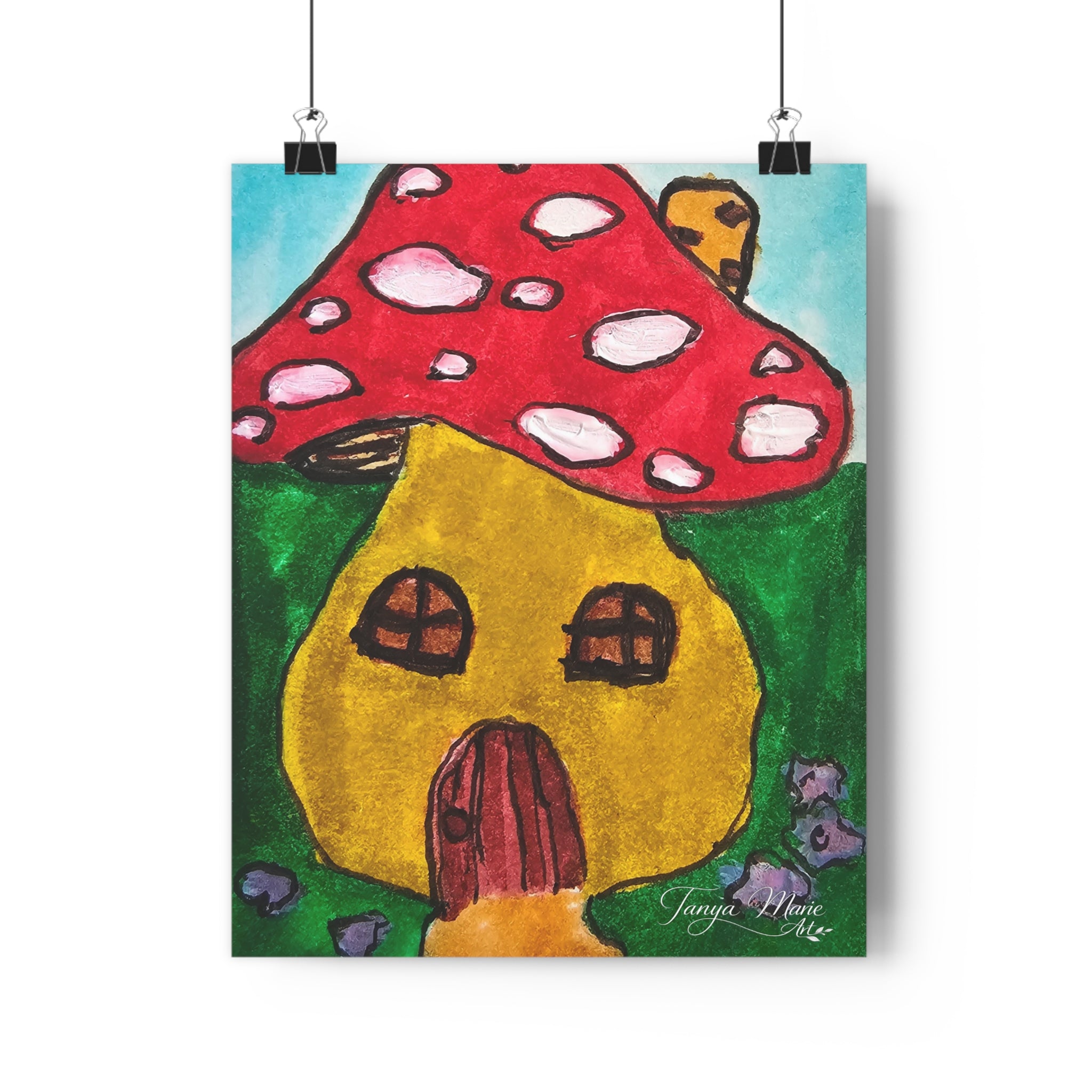 Close-up mushroom cottage art print: red polka-dot cap over yellow house windows and door