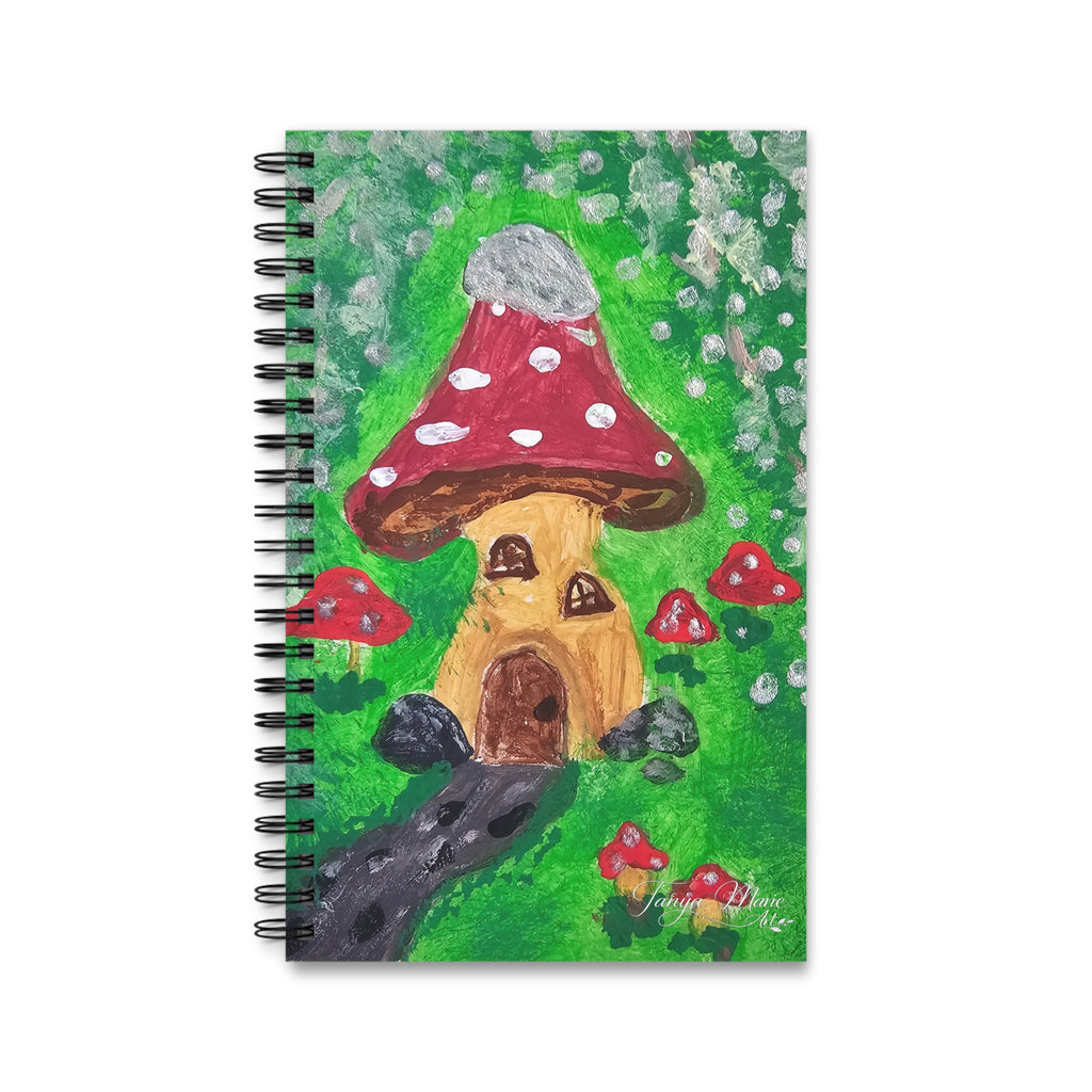 Spiral journal notebook with colorful mushroom house fairy garden cover art.