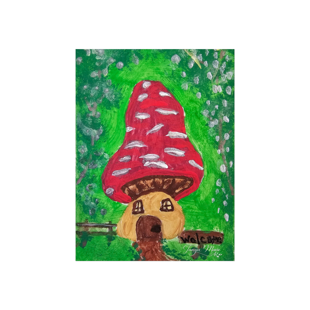 Fine art poster featuring a red mushroom house with brown doorway, green garden, white raindrop specks