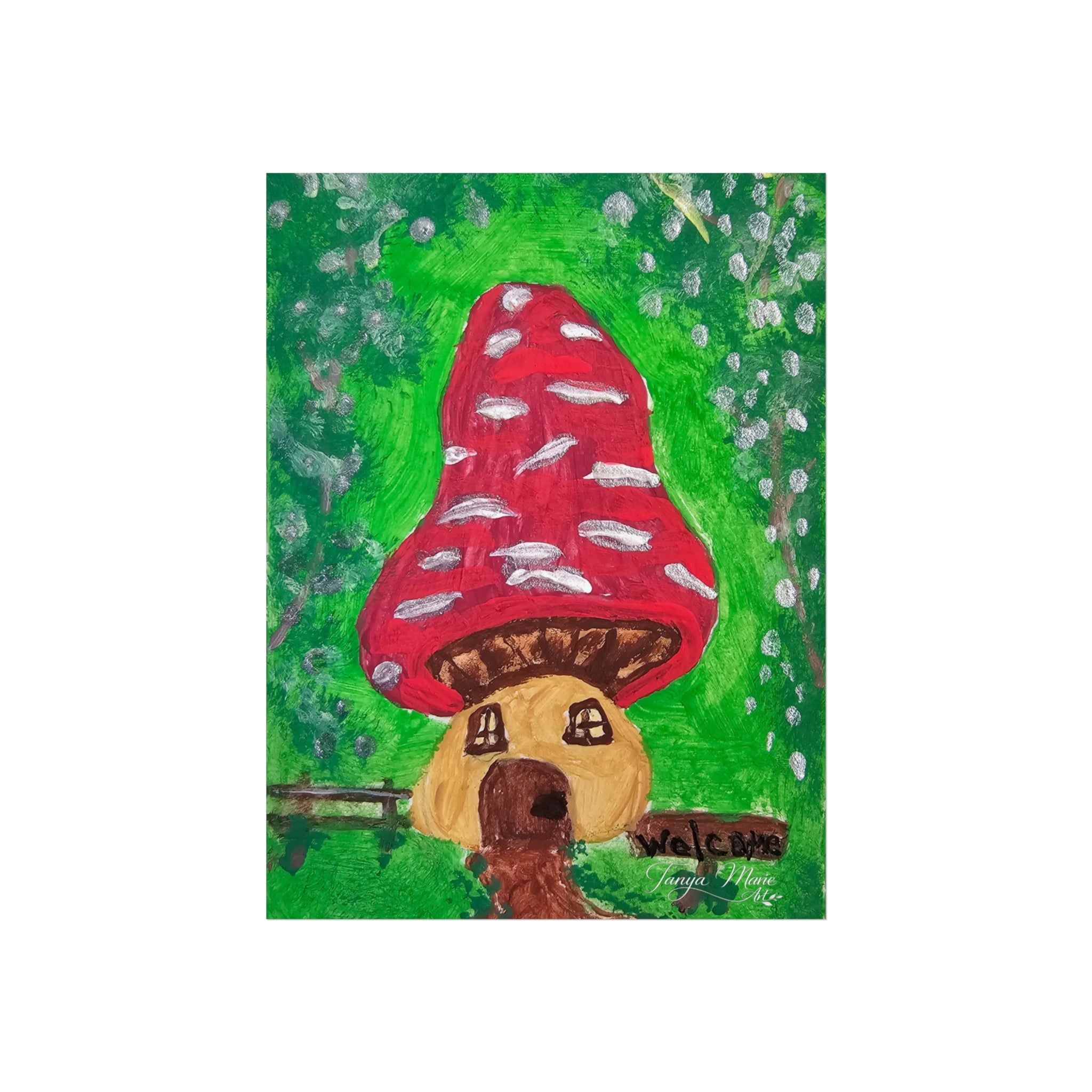 Fine art poster featuring a red mushroom house with brown doorway, green garden, white raindrop specks