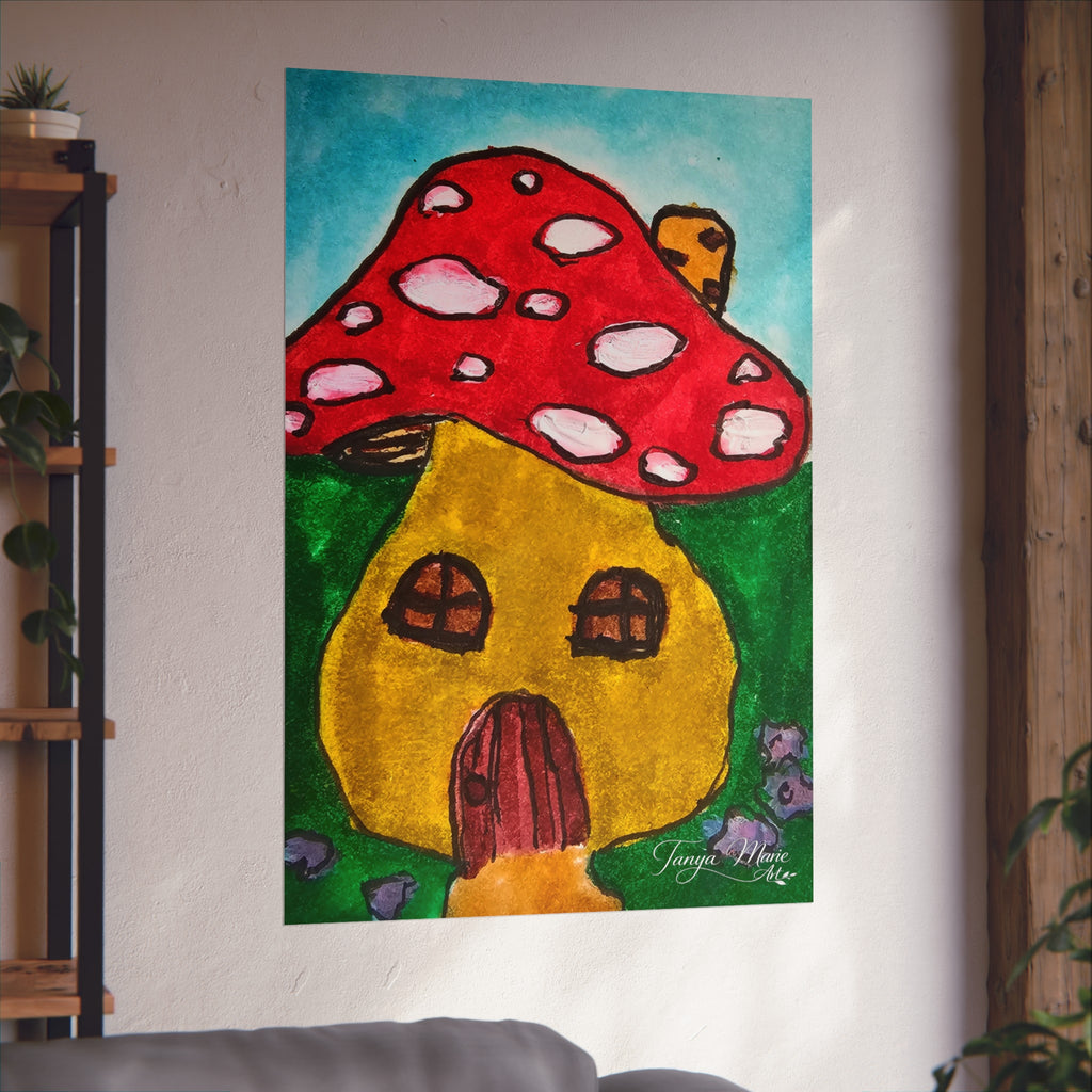 Colorful mushroom house fine art poster, red cap and yellow cottage on teal sky