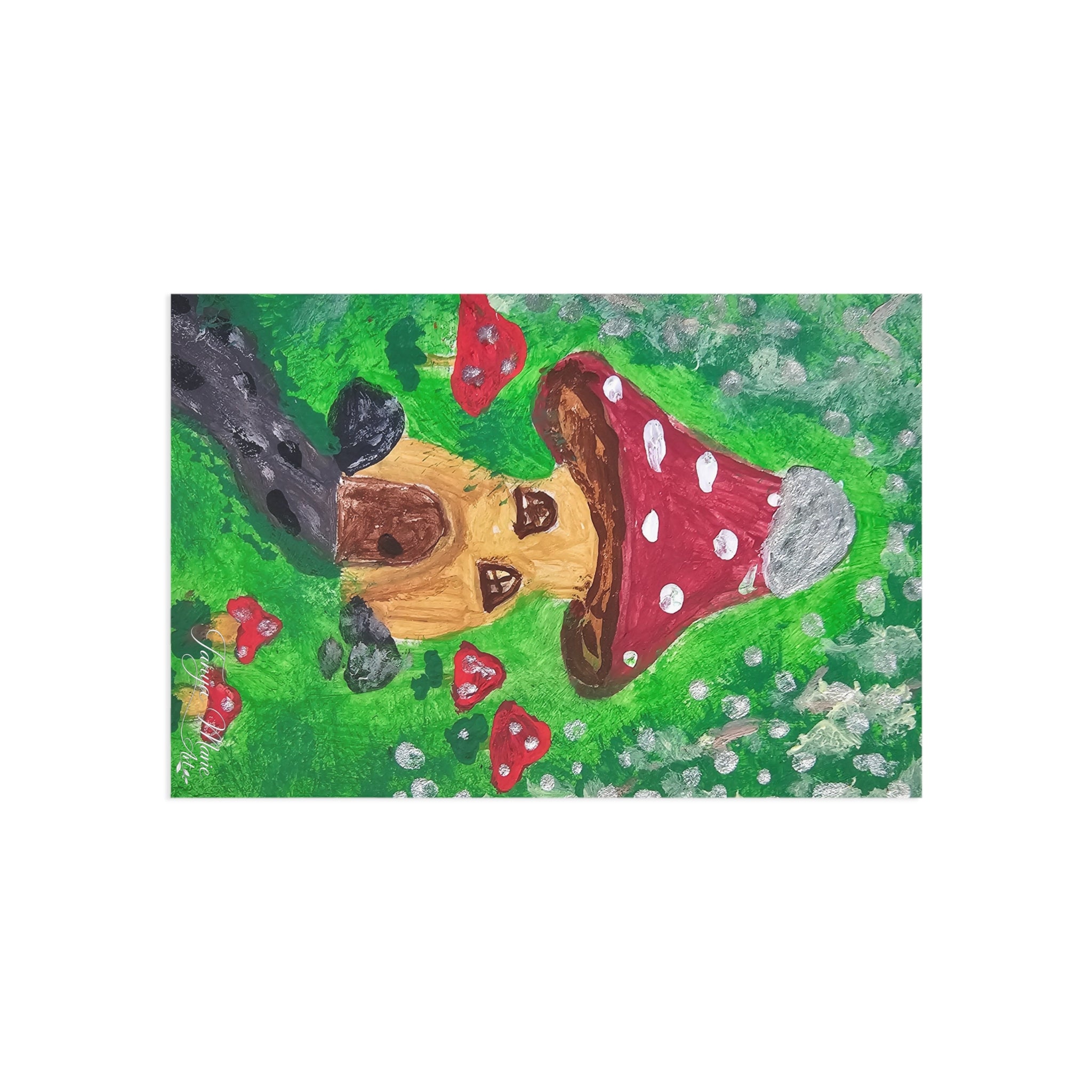 Close-up glossy mushroom house postcard with green background and red-capped mushroom house illustration