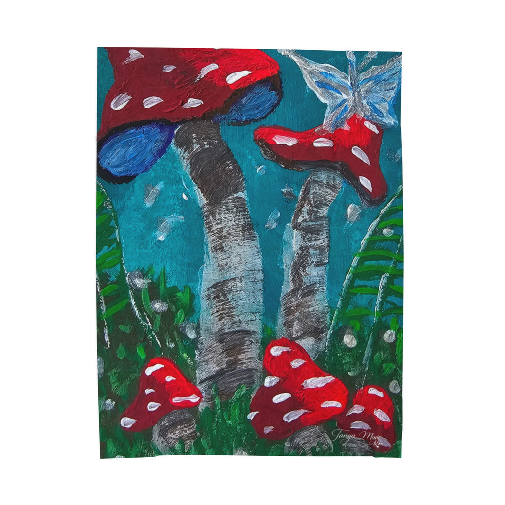 Velveteen plush throw blanket with mushroom artwork and trees, red caps on blue-green backdrop