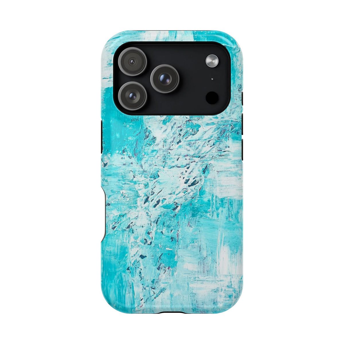 Turquoise abstract phone case with three round camera lenses and flash cutout.