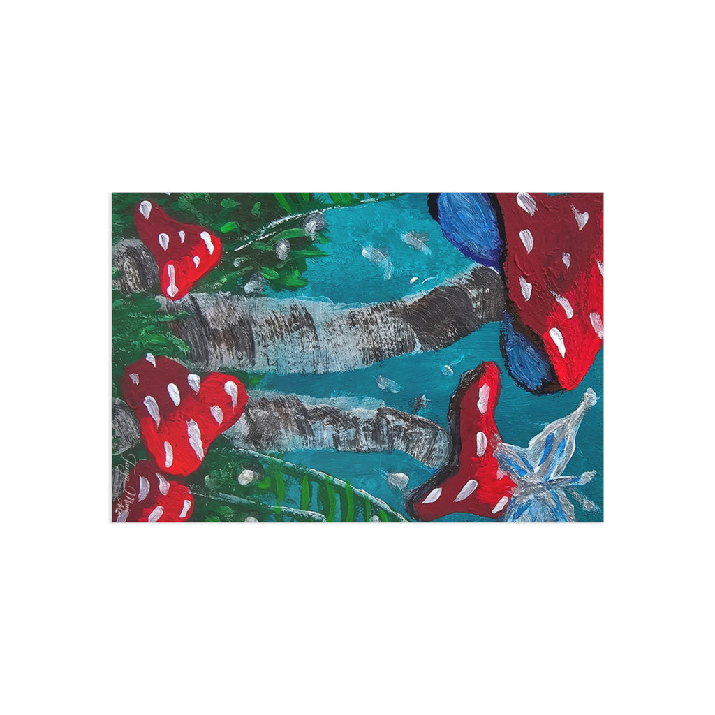 Glossy postcard close-up of red-and-white mushrooms on teal water and dark trunks
