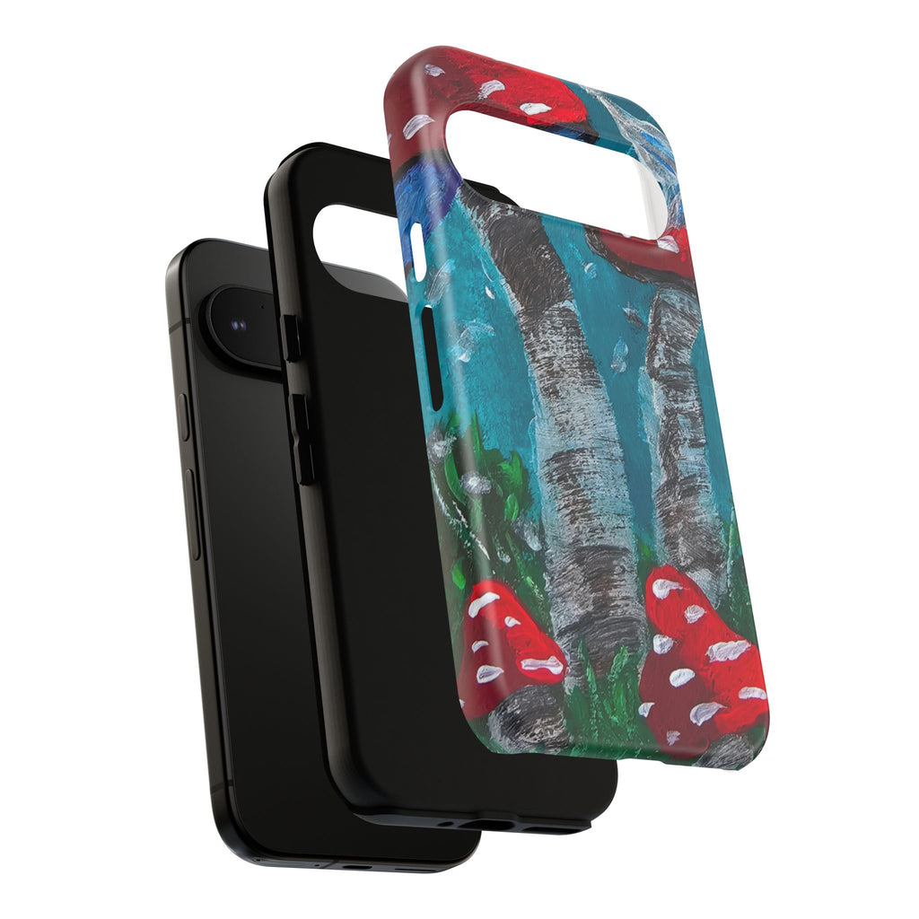 Phone case with hand-painted red toadstools, birch design, and side button cutouts