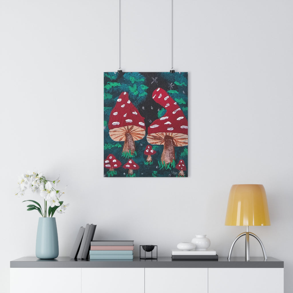 Mushroom forest giclée art print with red toadstools in a dark woodland scene