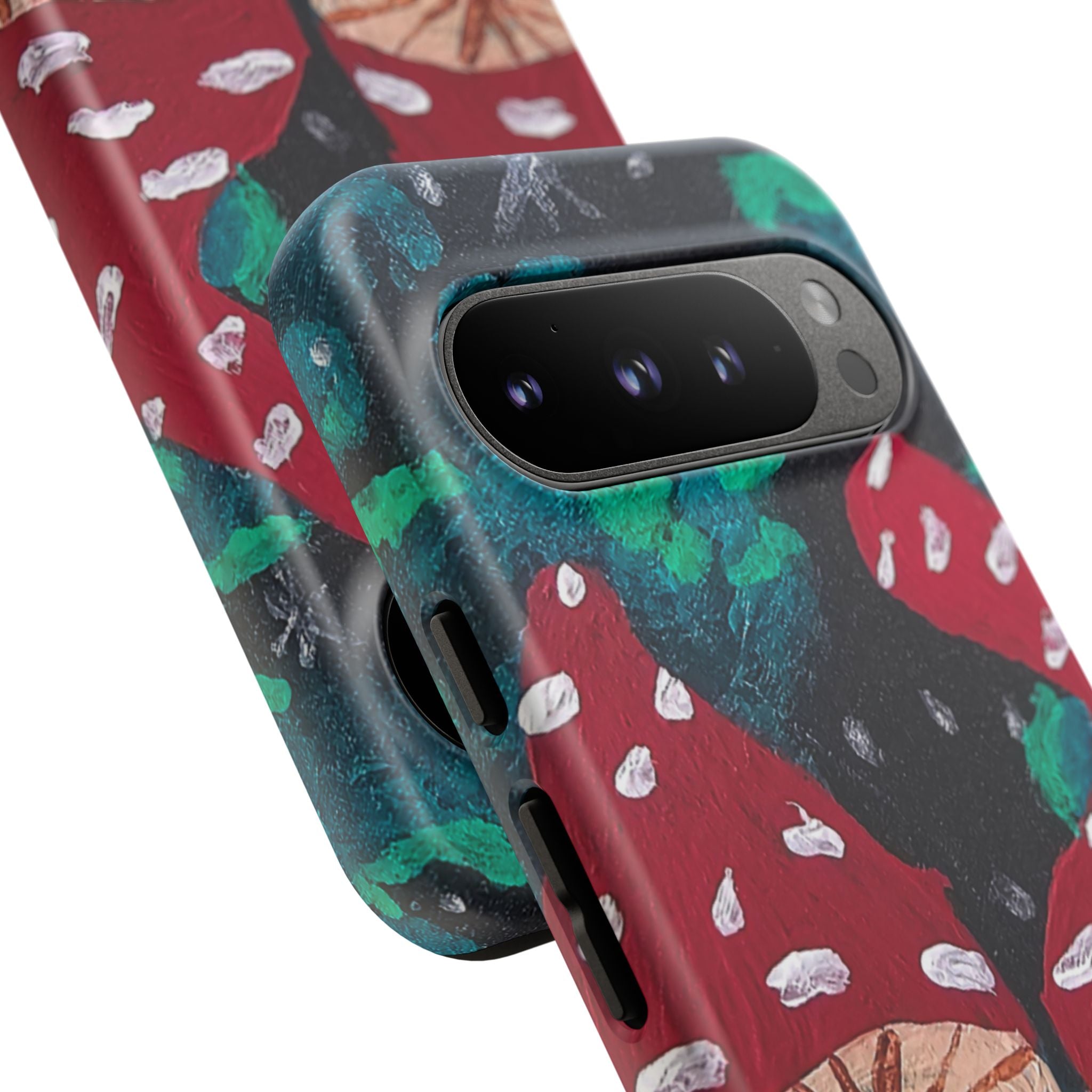 Tough phone case with mushroom forest pattern, rugged black edges and camera cutout