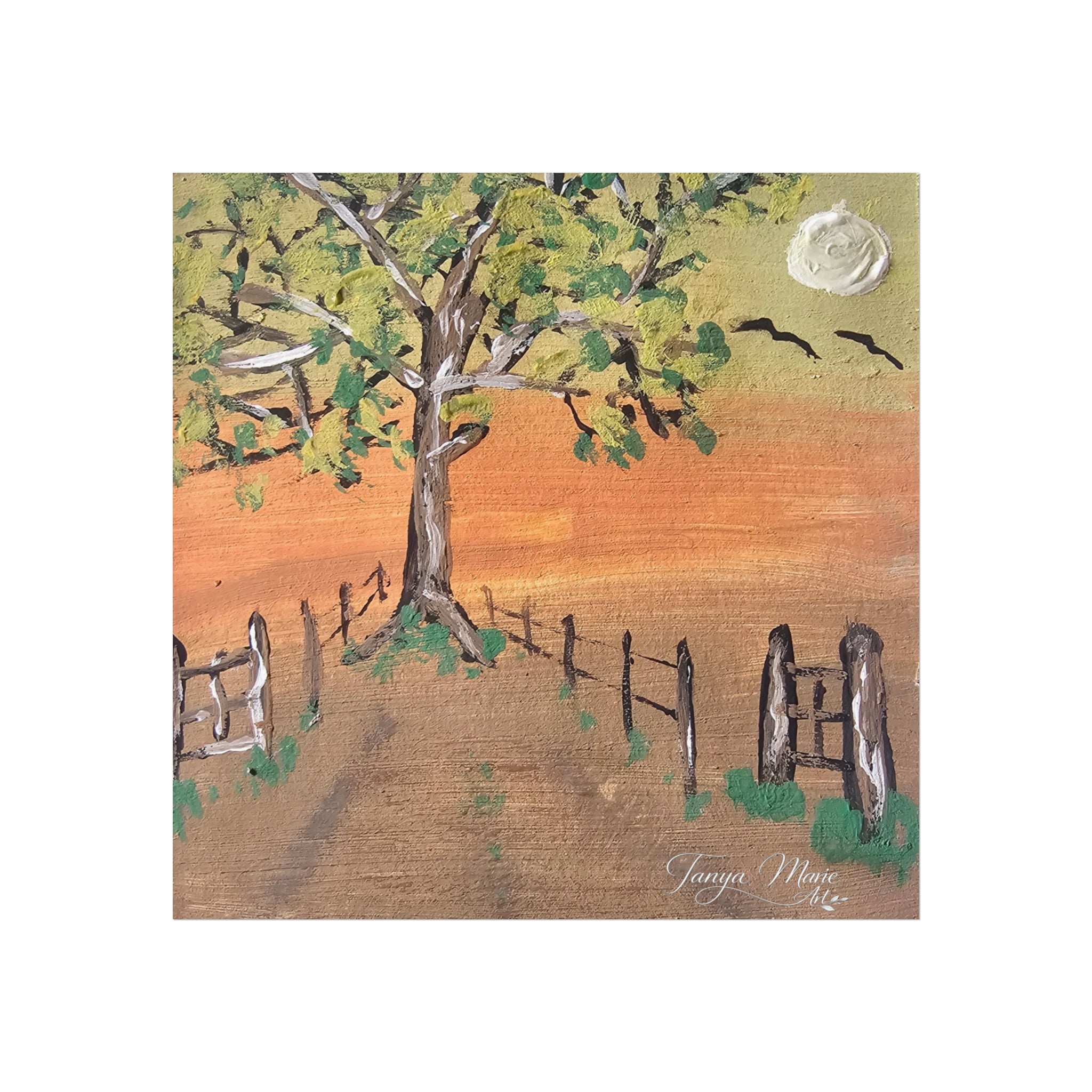Sunset Path Fine Art Poster — Tree, Fence & Moon Landscape Print