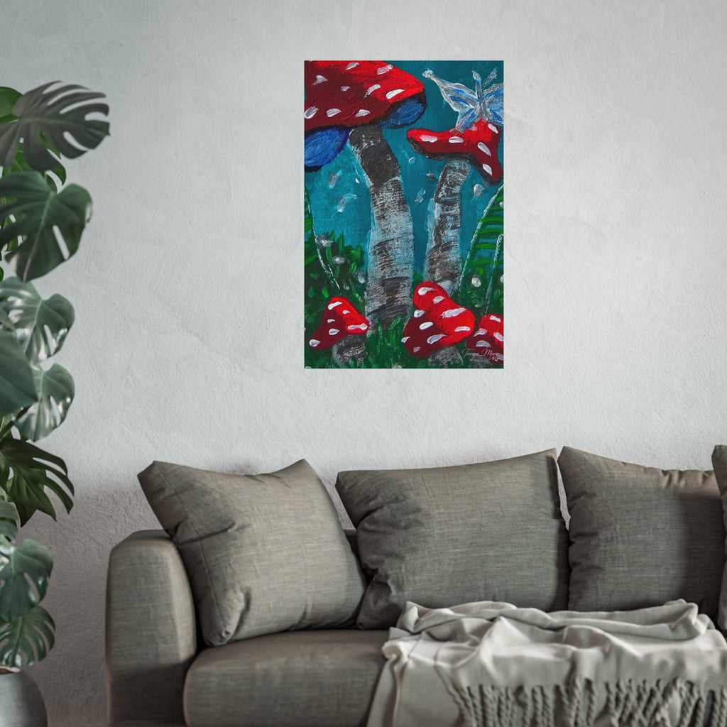 Mushroom garden wall poster with red toadstools and blue-green stems above a gray couch