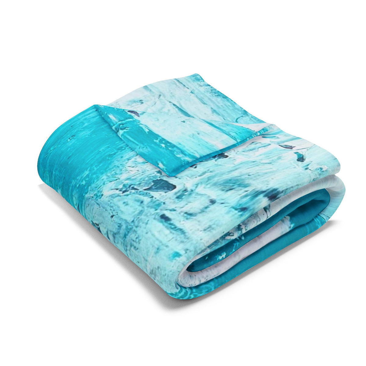 Turquoise abstract fleece blanket folded with rolled edge, blue-white marbled design.