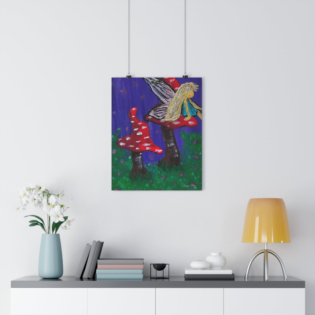 Giclée art print of a fairy on red toadstools in a purple-green forest scene
