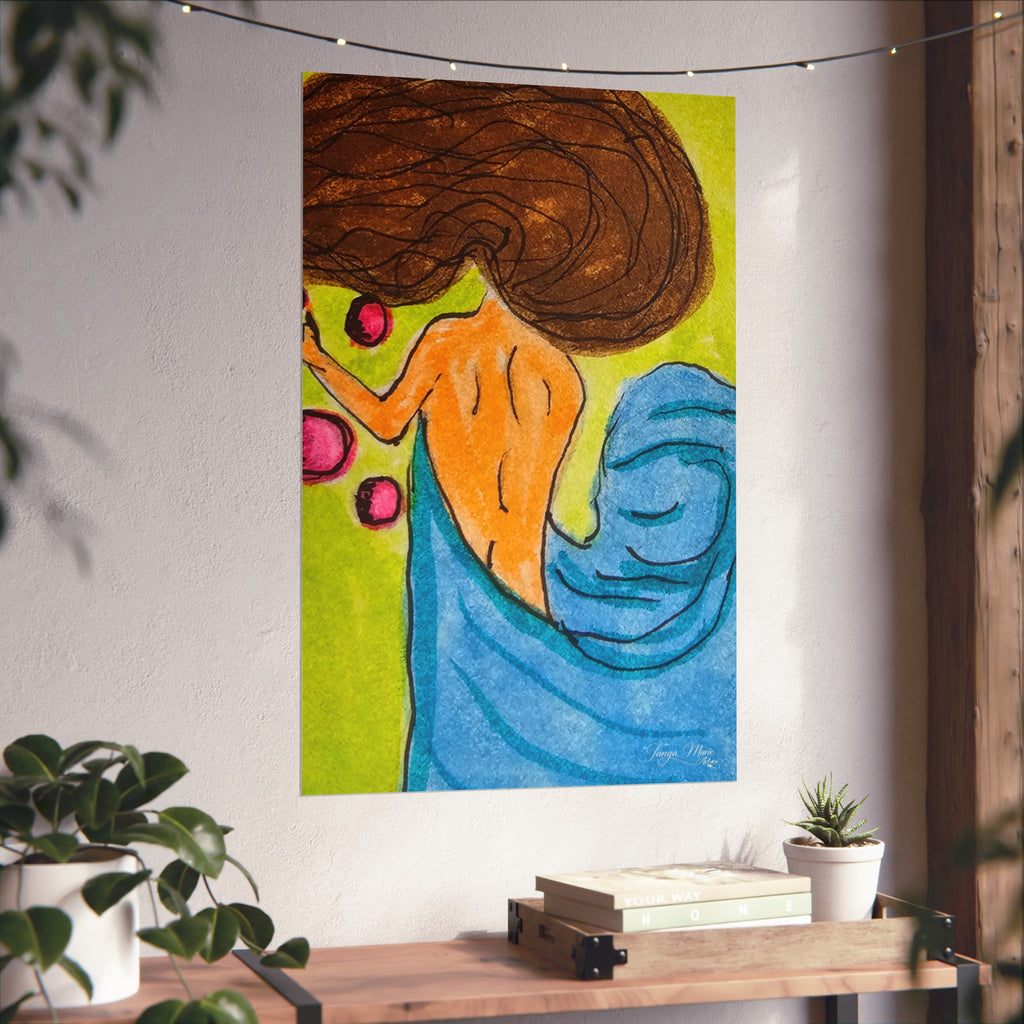 Matte abstract woman poster on wall beside wood shelf, featuring blue drapery and orange face.