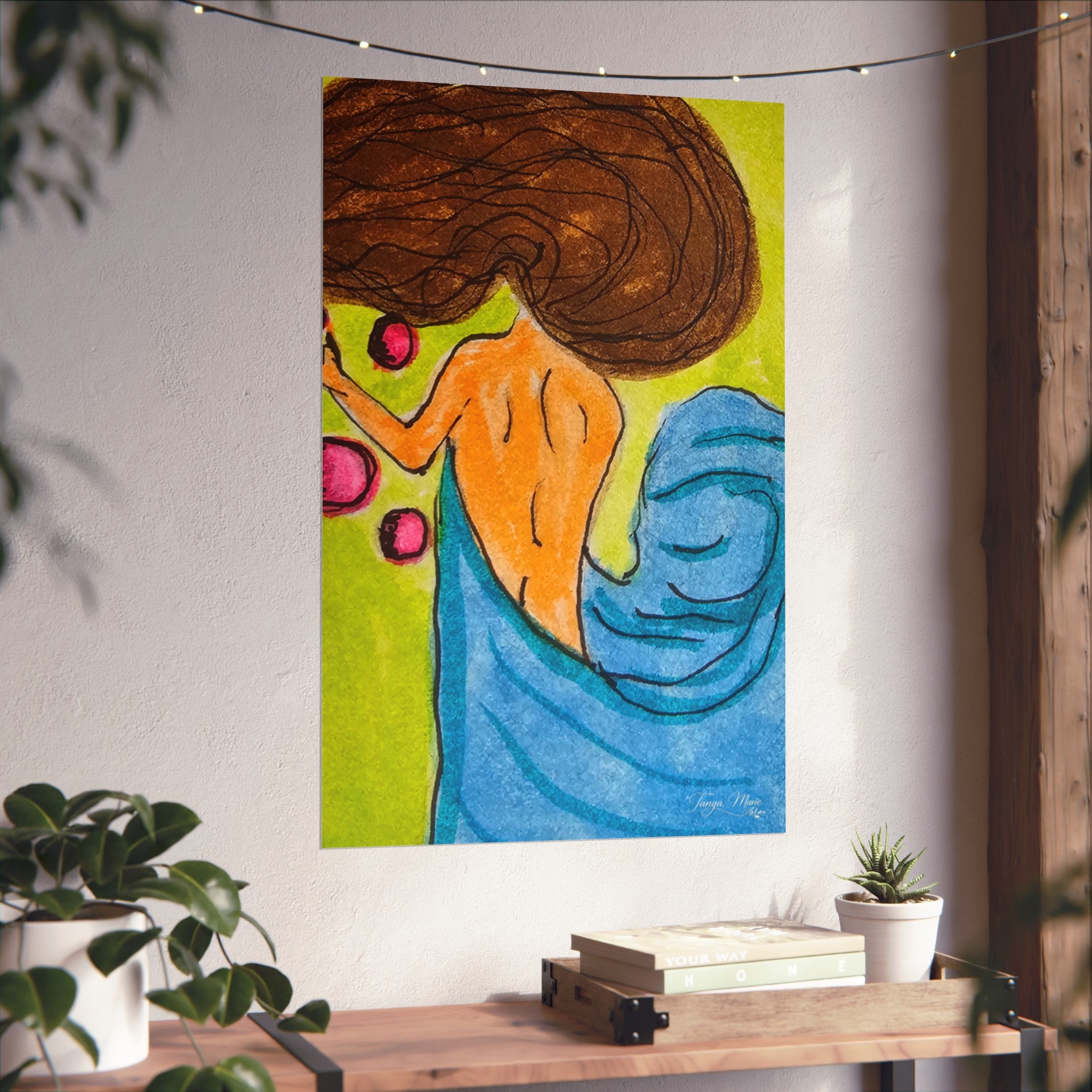 Matte abstract woman poster on wall beside wood shelf, featuring blue drapery and orange face.