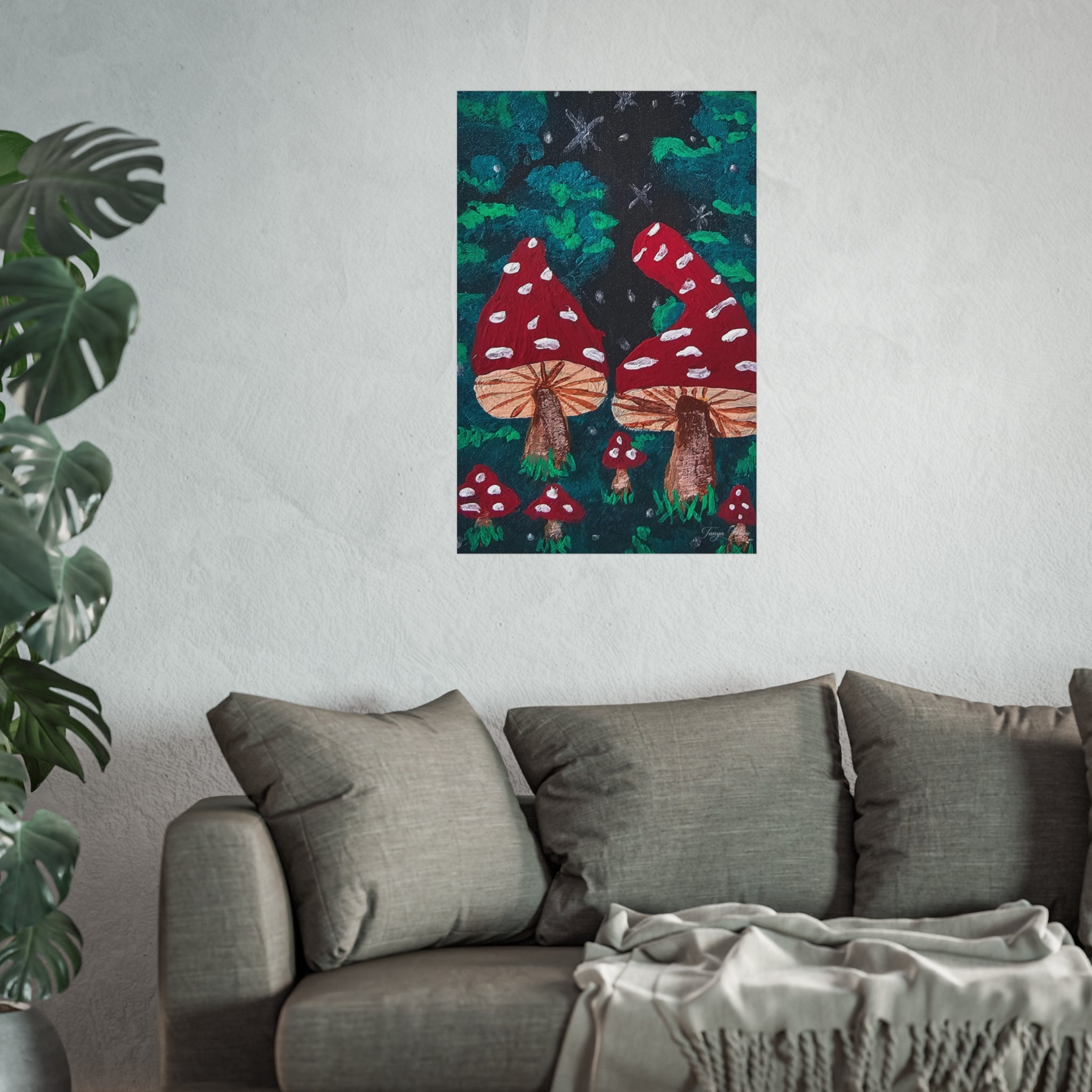 Whimsical fine art poster with red toadstools, white spots, and brown mushroom stems