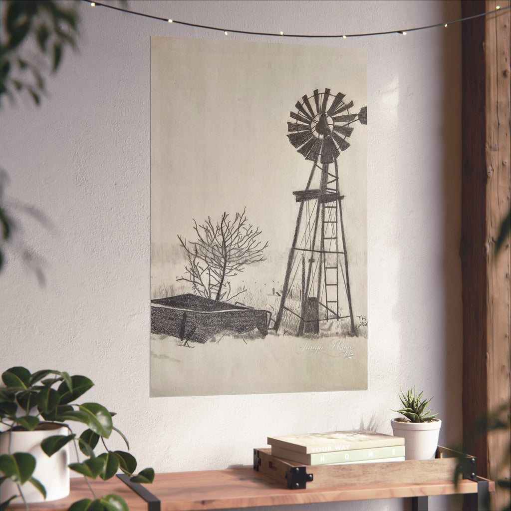 Windmill Sketch Fine Art Poster — Rustic Black & White Wall Art