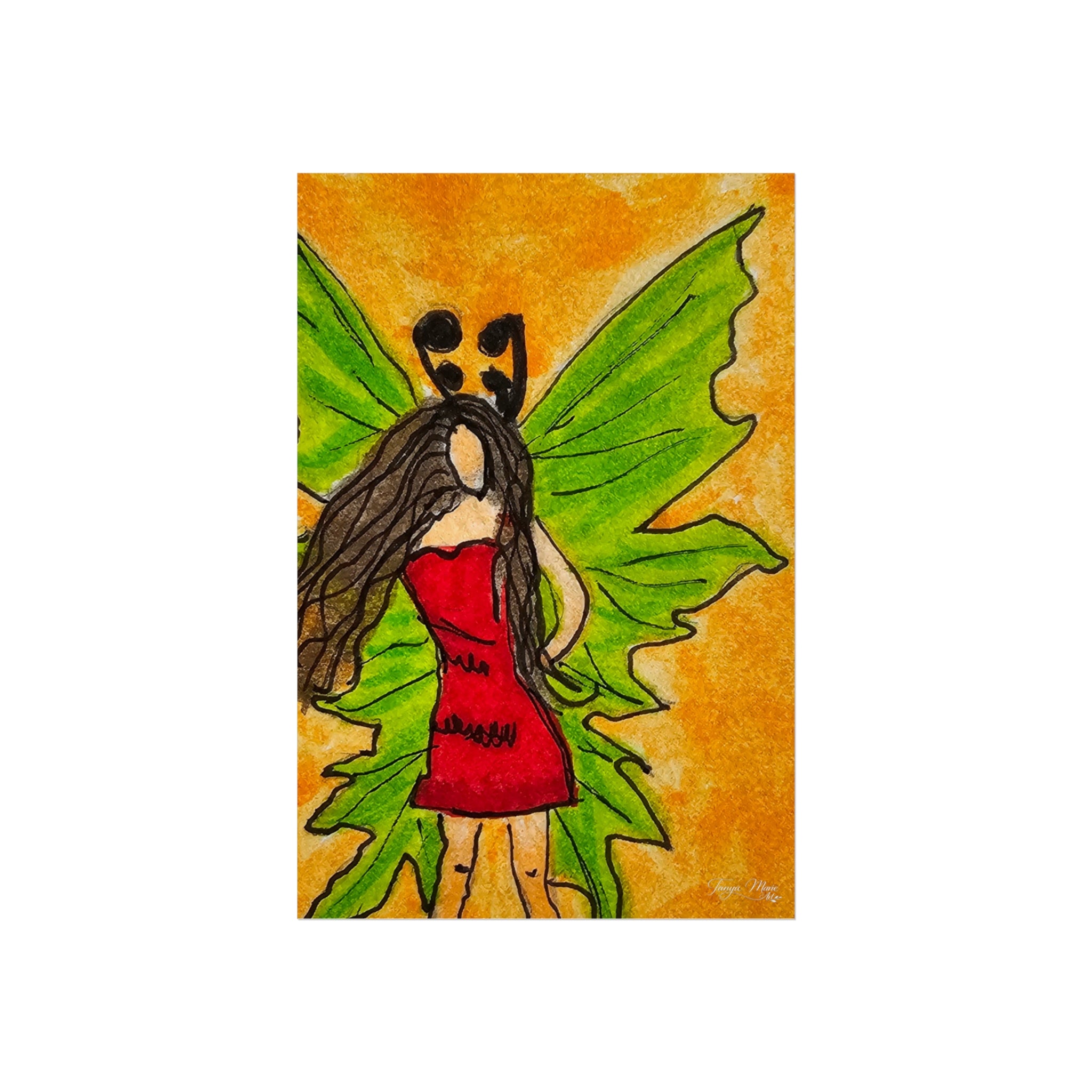 Fairy poster print of a winged woman in red dress, green wings, orange gradient