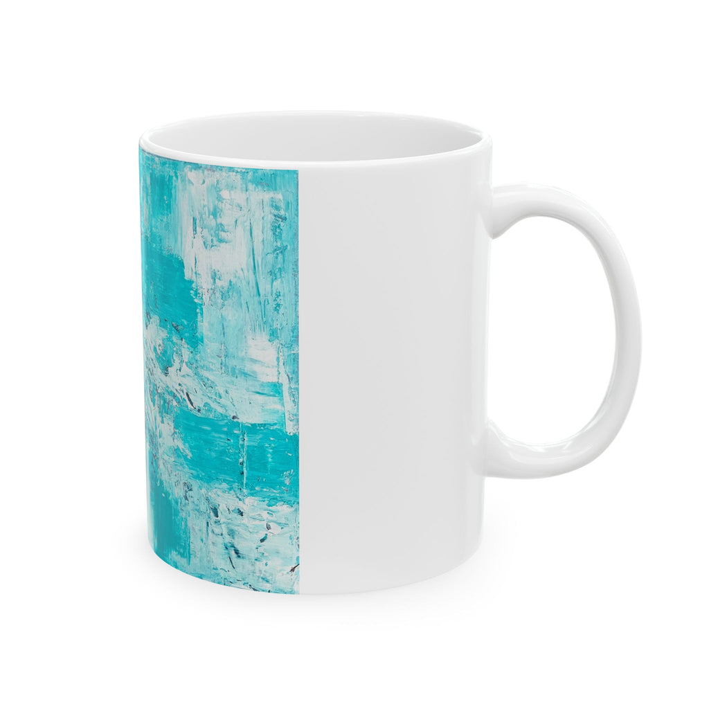 White ceramic mug with turquoise abstract panel on side, rounded handle