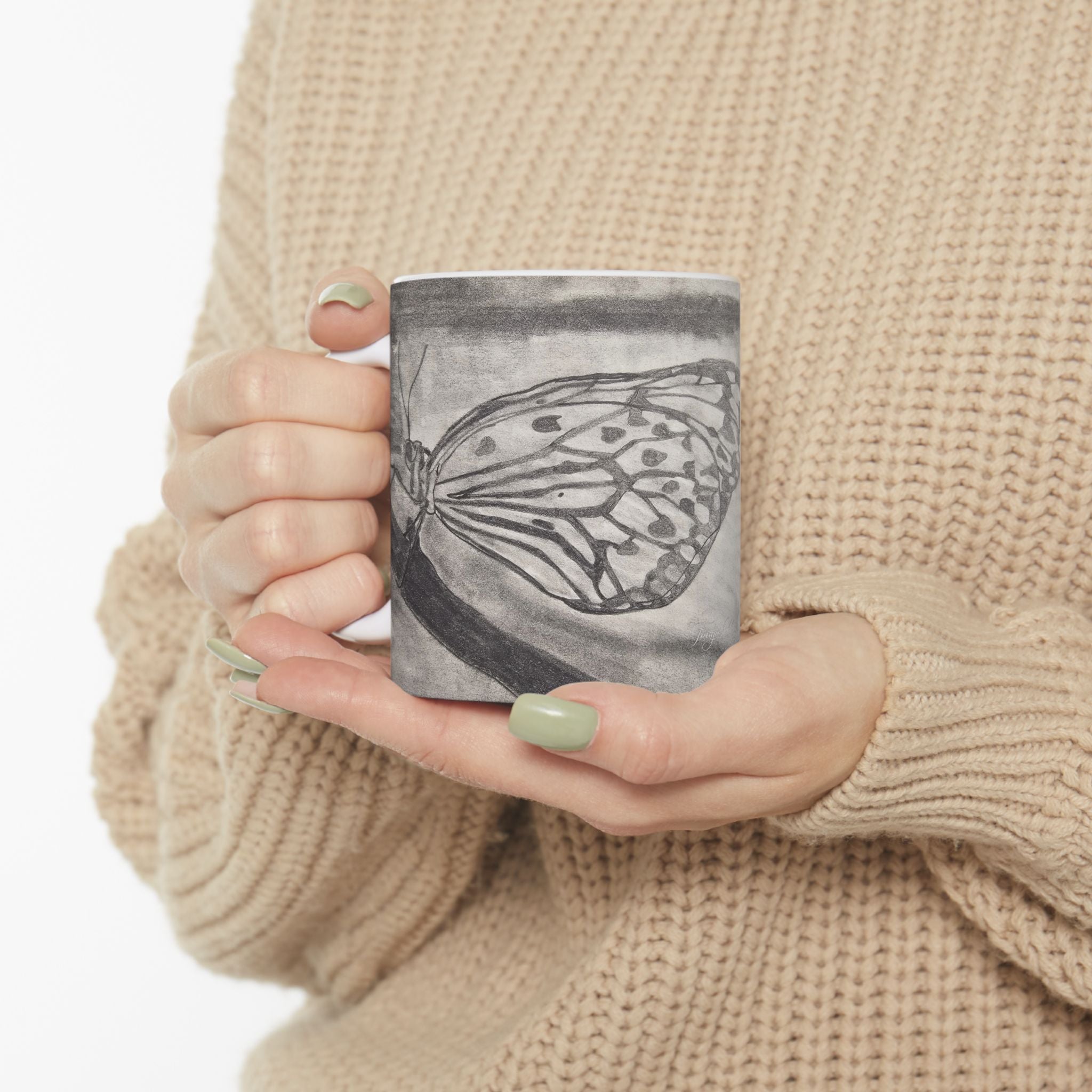 Butterfly Kisses - Butterfly Wing Sketch Ceramic Mug — Black & White Art Coffee Cup (11oz/15oz)