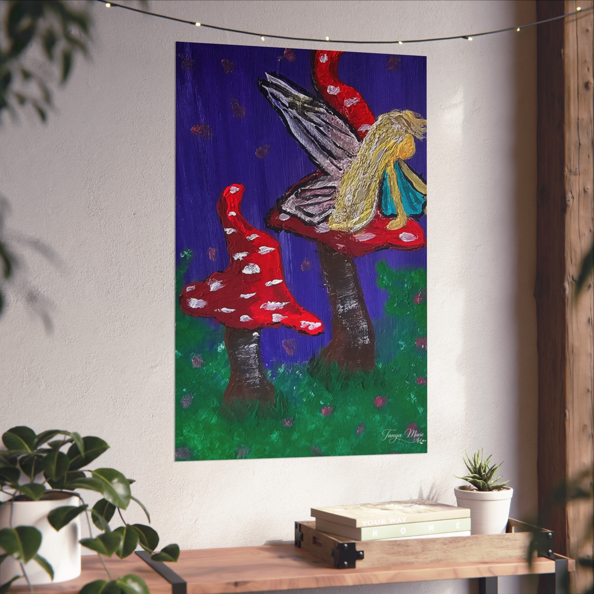 Matte fine art poster with blonde fairy on red spotted mushrooms against deep blue sky