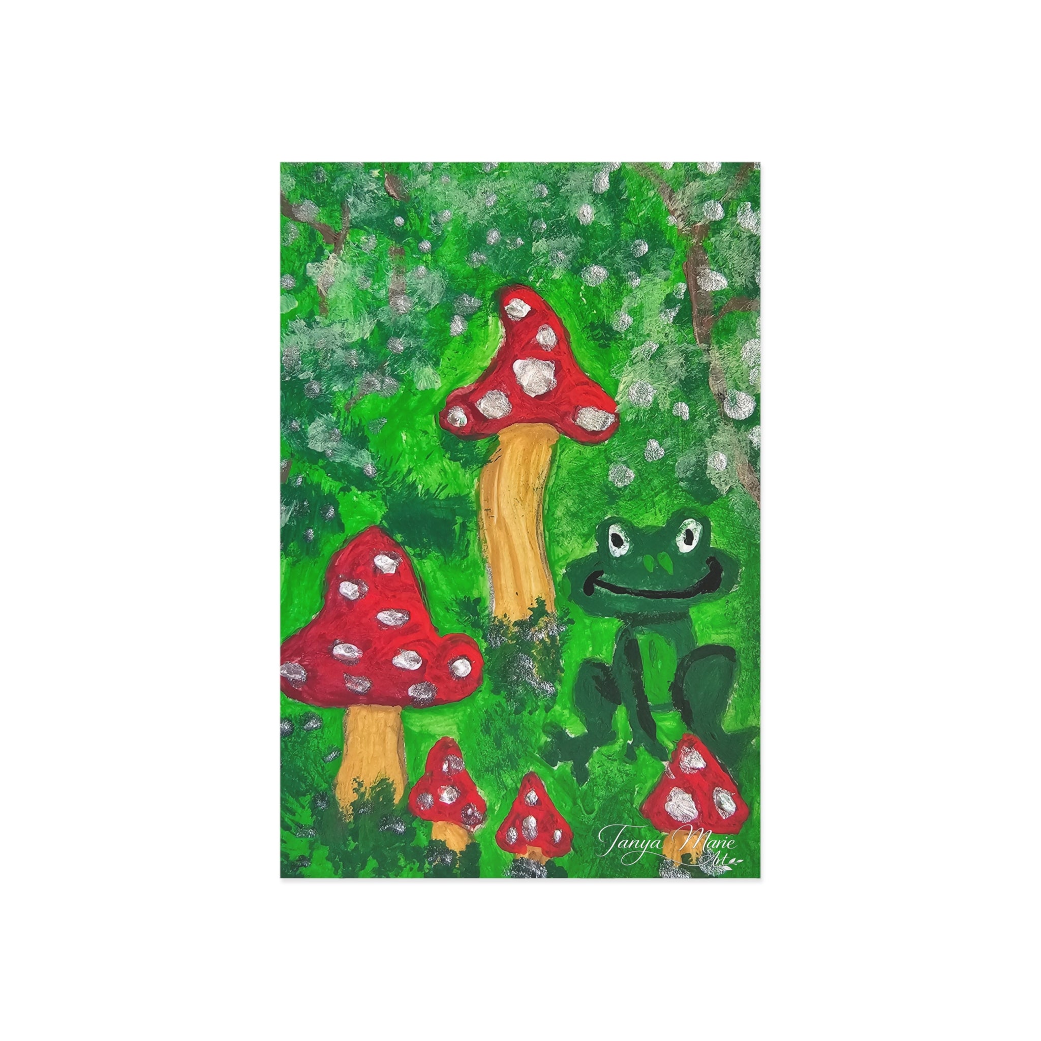 Art postcard featuring a frog, red toadstools, and a golden mushroom trunk illustration