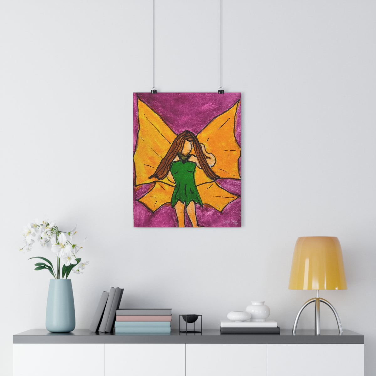 Kids nursery art print of a fairy girl in green dress, square design hanging on clips