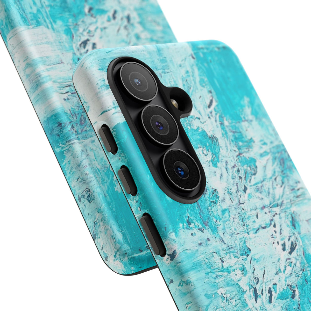 Turquoise marble phone case close-up angled view with abstract ocean blue texture