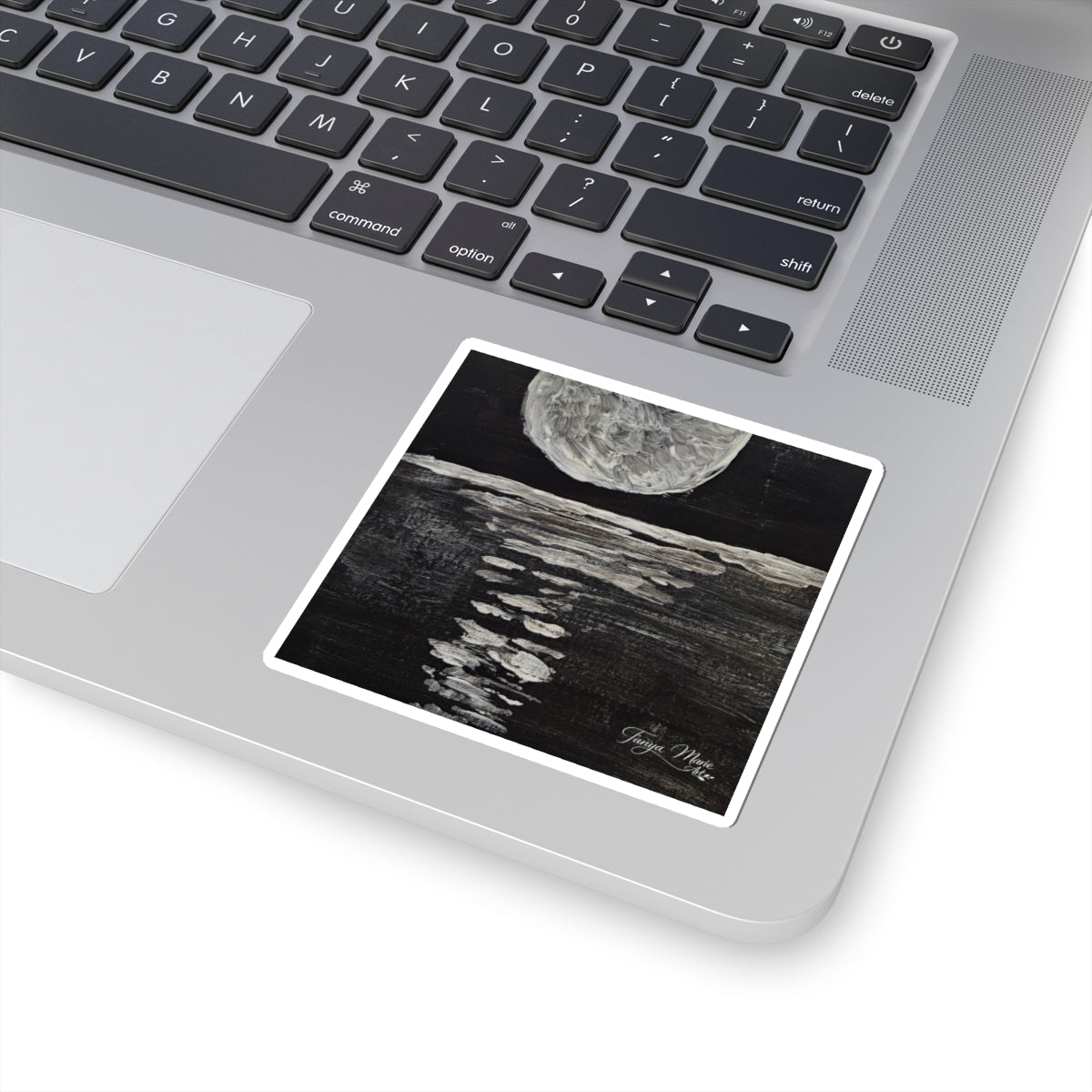 Moonlight Reflection Kiss-Cut Sticker — Black & White Moon Ocean Art Sticker