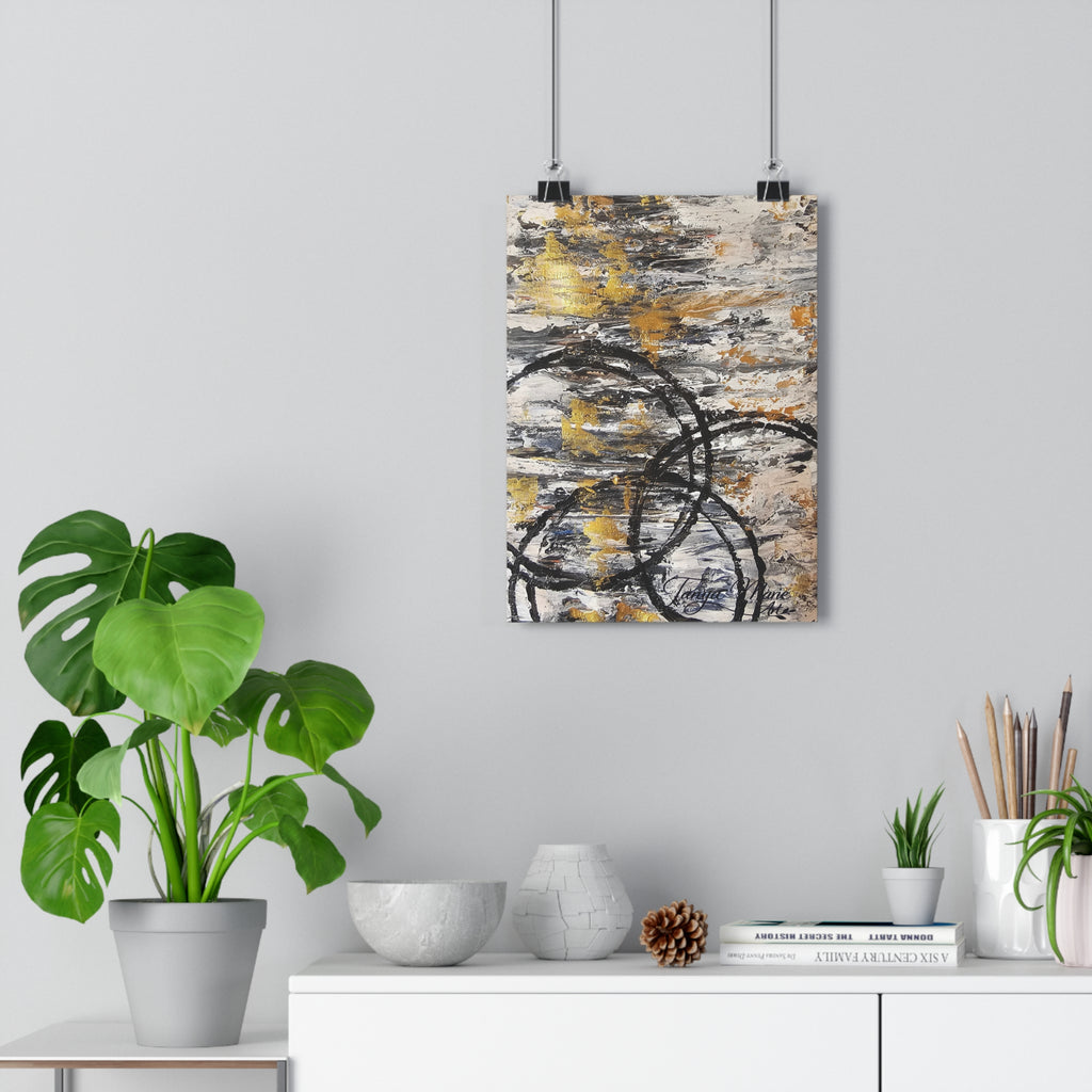 Abstract Gold Texture with Black Rings Giclée Art Print | Modern Textured Wall Art