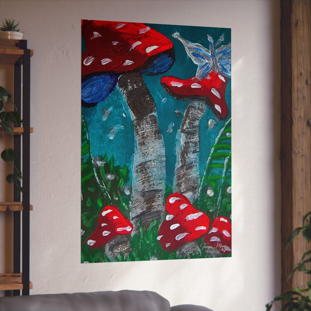 Toadstool fine art poster showing red spotted mushrooms and teal forest colors
