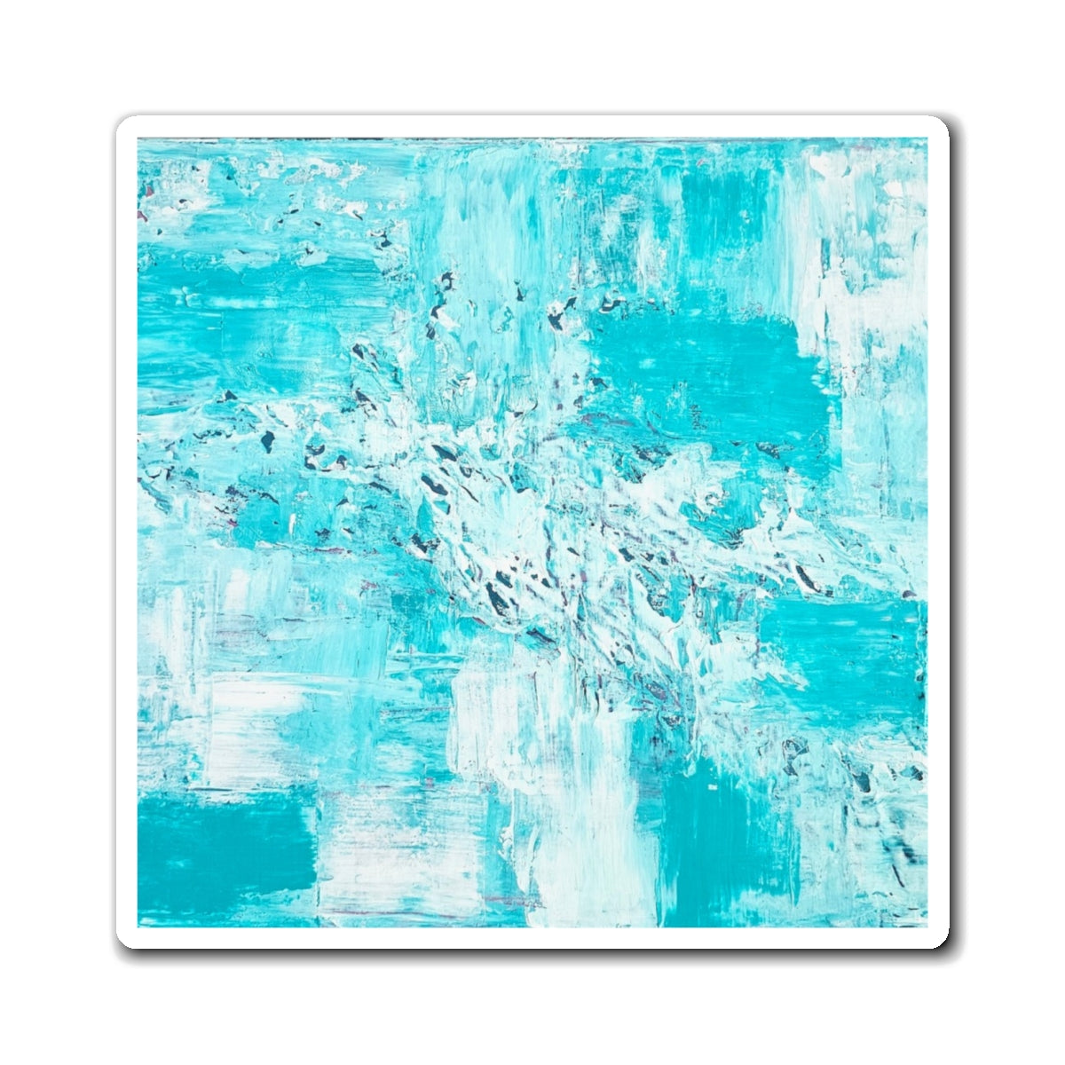 Teal and white abstract paint magnet with square outline frame, ocean-blue background