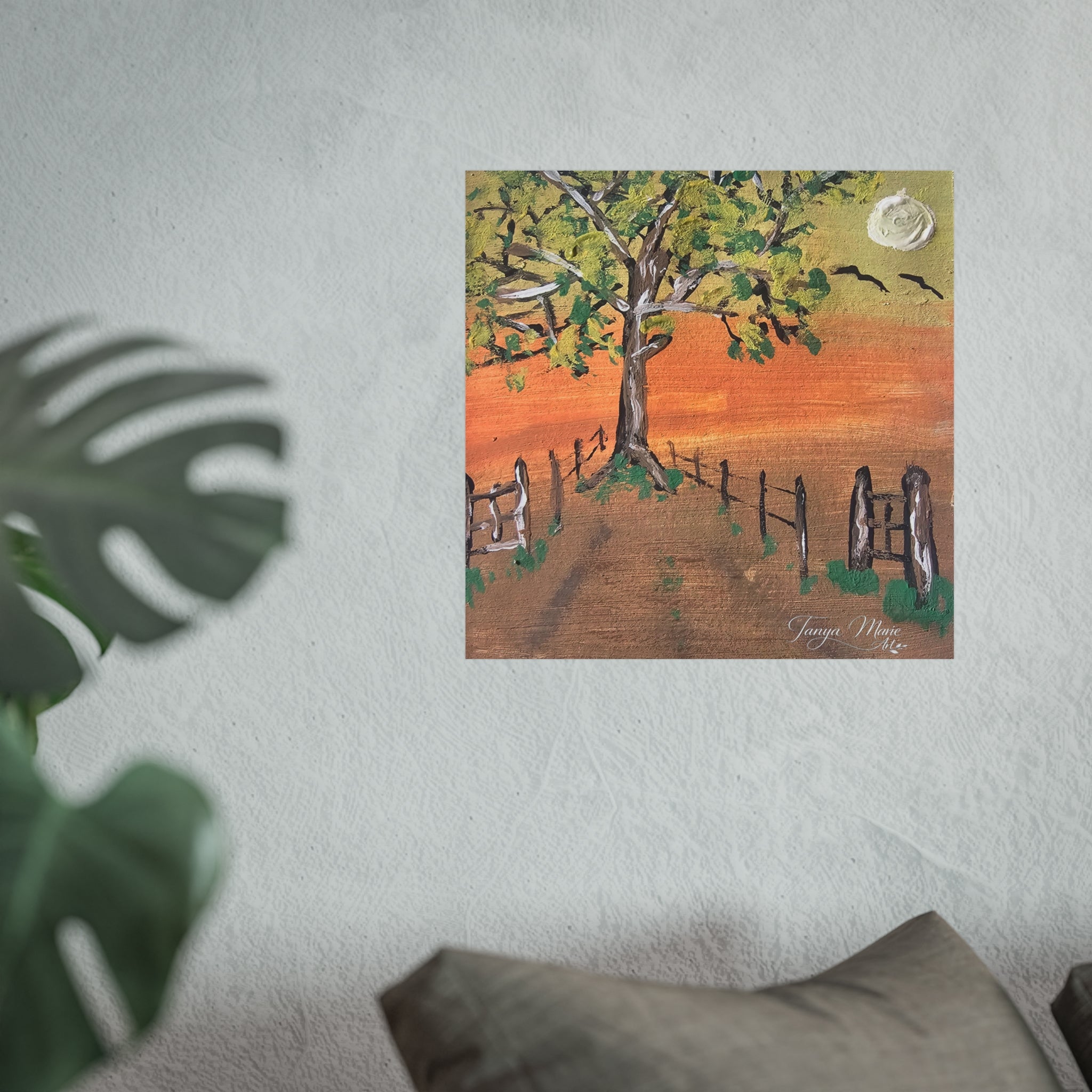 Sunset Path Fine Art Poster — Tree, Fence & Moon Landscape Print