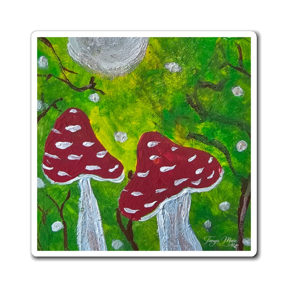 Square art magnet featuring two red toadstools with white spots beneath a gray moon