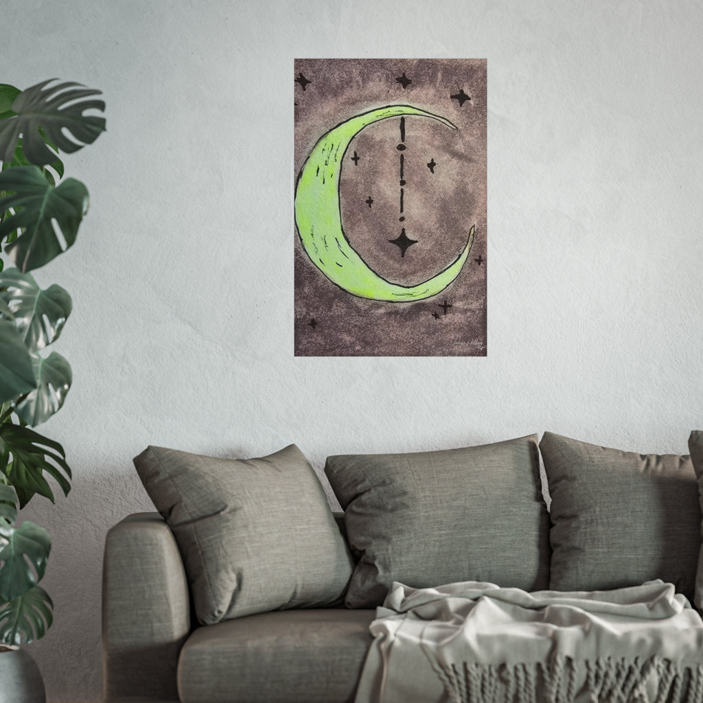 Square fine art poster with neon green crescent moon and black star sparkles on a textured dark field