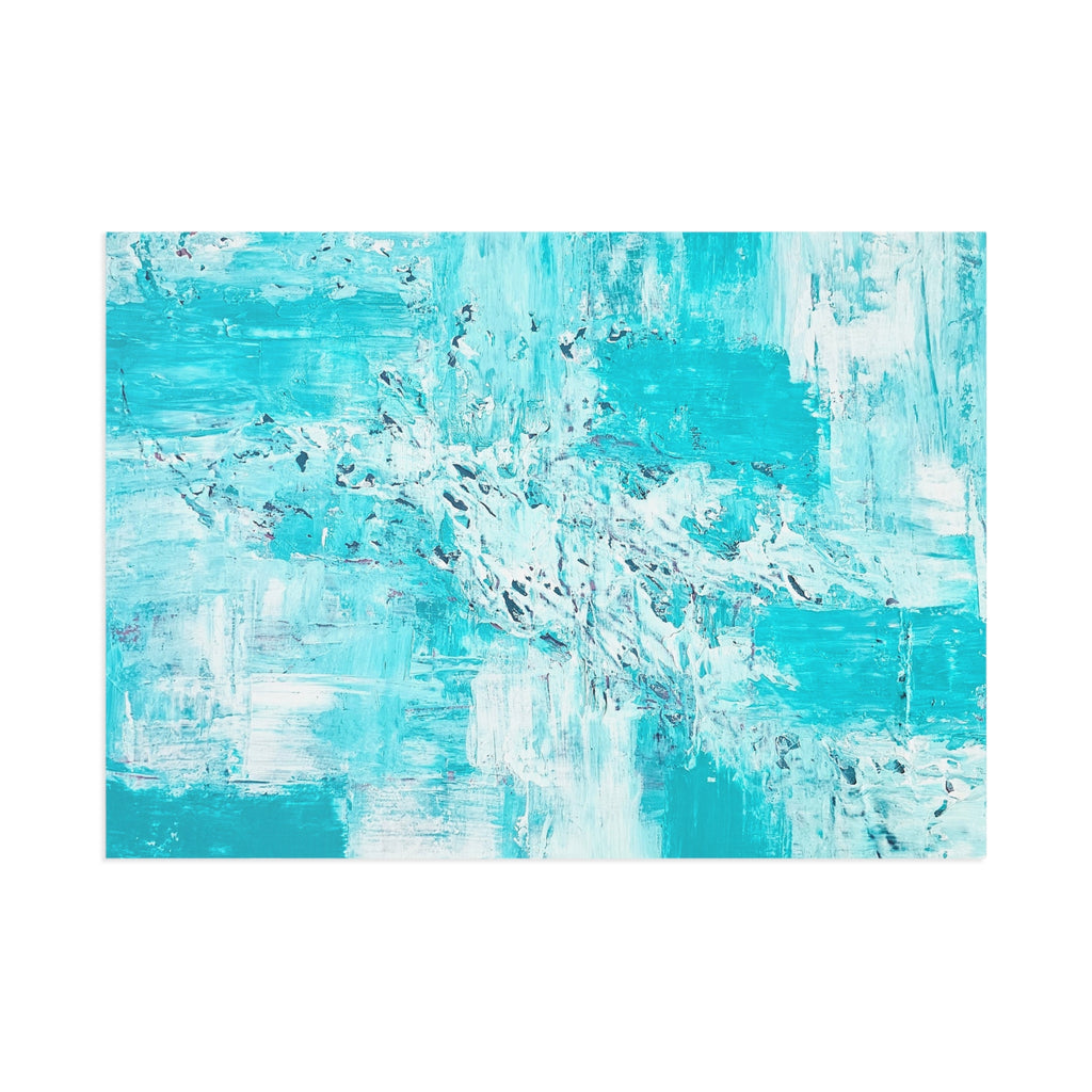 Turquoise abstract note card with white border, close view on a white background