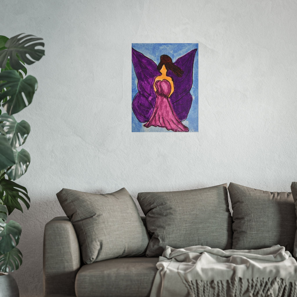 Purple wings angel wall art print displayed above a gray sofa in a living room