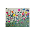 Colorful wildflower art poster with pink, blue, and orange blooms over green grass