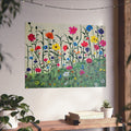 Matte floral art poster with colorful wildflowers on a green meadow background