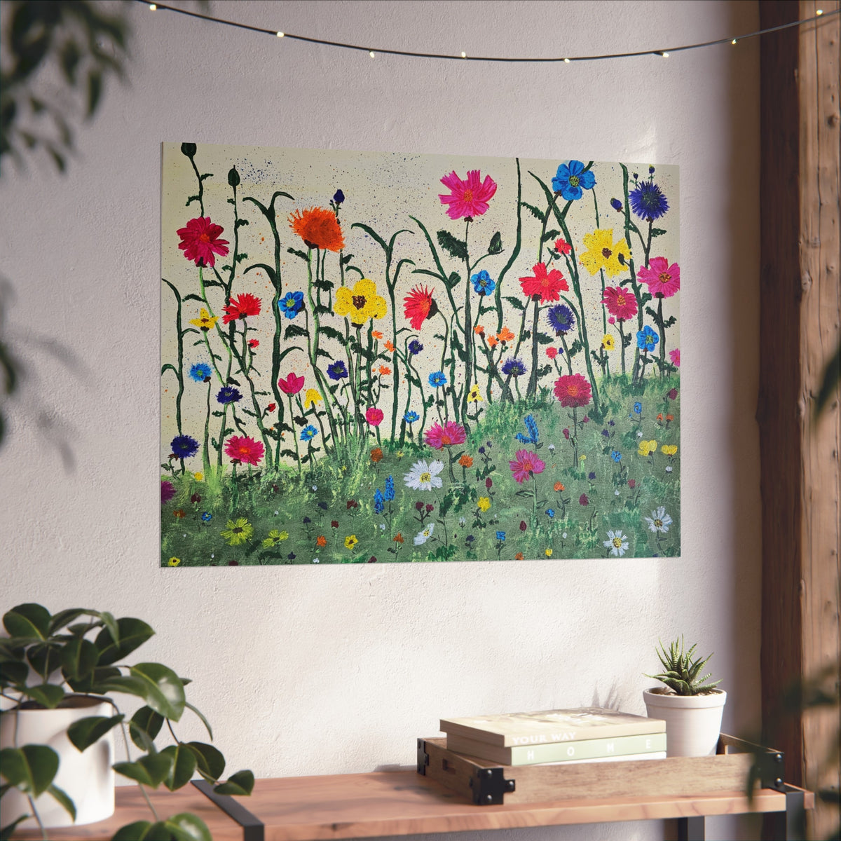 Matte floral art poster with colorful wildflowers on a green meadow background