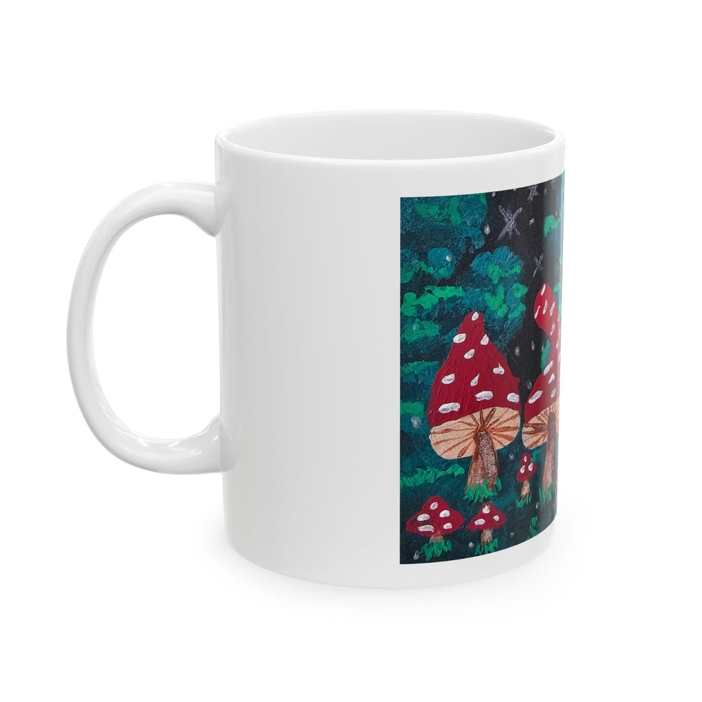 White ceramic mug with red toadstool forest print on the front and side