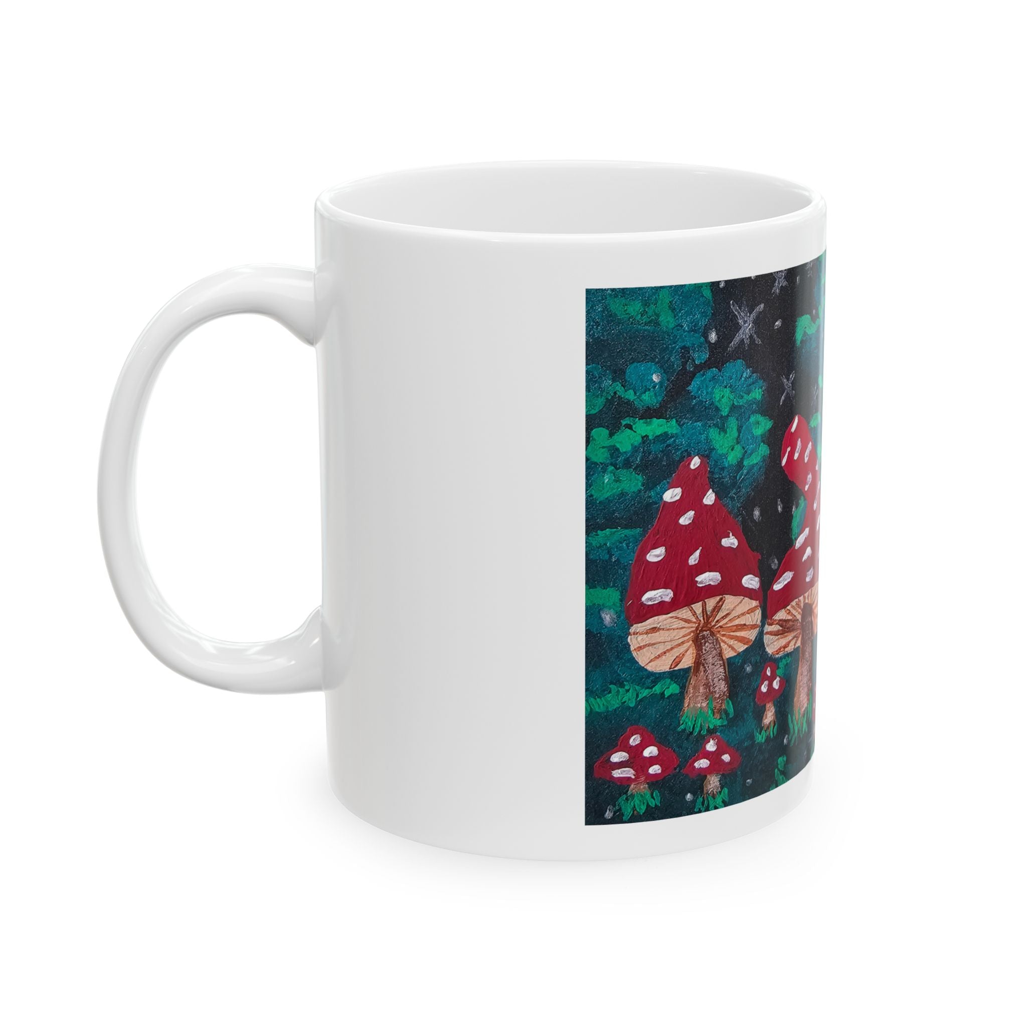 White ceramic mug with red toadstool forest print on the front and side